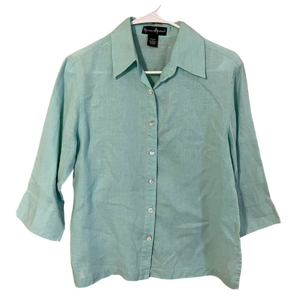 Mercer & Madison Womens S Linen Shirt Top Button Abalone Front Blue 3/4 Sleeve